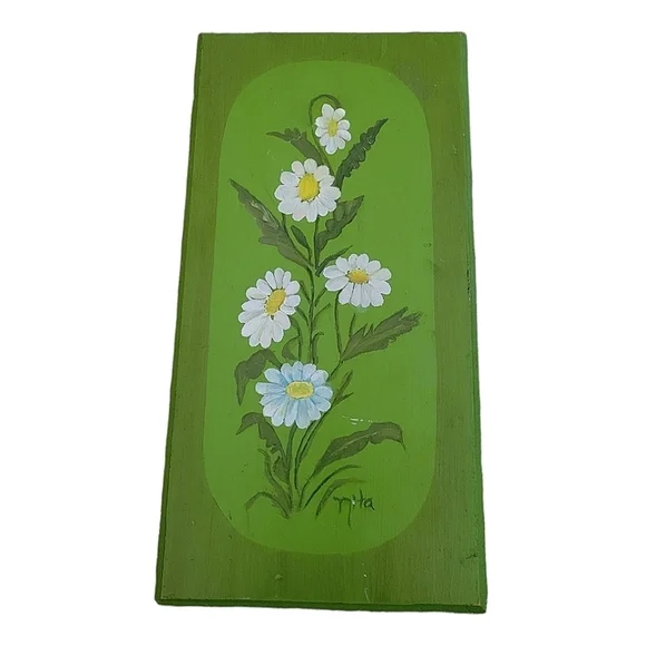 Vintage - 70's Green Hand Painted Signed‎ Daisy and Tulip Paintings Set of 2